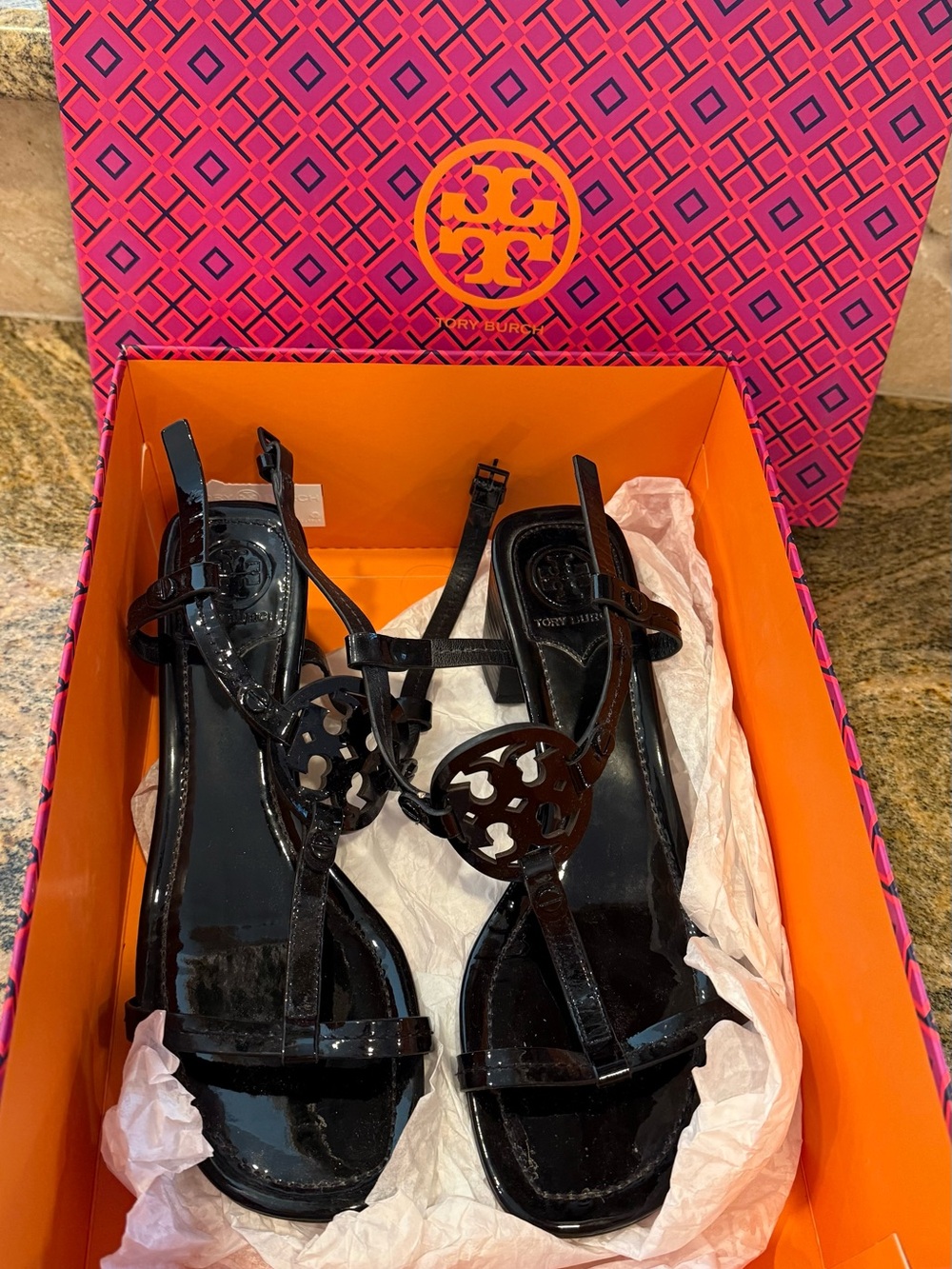Tory Burch Black Patent Logo T-Strap Sandals